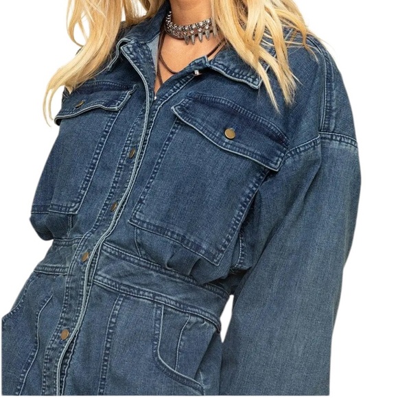 NWT FREE PEOPLE Bo Button Front Long Sleeve Denim Dress Size Large - Picture 3 of 6